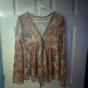 SHEIN Floral V-Neck Blouse in Earthy Tones